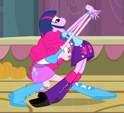 Size: 894x818 | Tagged: safe, screencap, pinkie pie, twilight sparkle, equestria girls, g4, my little pony equestria girls, backpack, balloon, bracelet, clothes, eyes on the prize, jewelry, leg warmers, looking at butt, one of the animators actually made this, out of context, personal space invasion, pumpkin, shoes, skirt