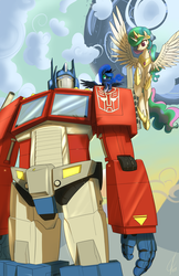 Size: 5176x8000 | Tagged: safe, artist:valcron, princess celestia, princess luna, alicorn, pony, robot, g4, absurd resolution, crossover, female, flying, leaning, mare, optimus prime, smiling, spread wings, transformers