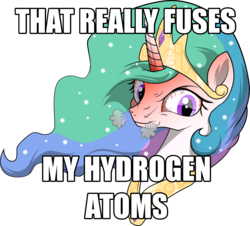 Size: 2497x2261 | Tagged: safe, artist:amberpendant, princess celestia, pony, g4, angry, crown, female, fusion, high res, hydrogen, image macro, implied nuclear fusion, jewelry, jimmies, mare, meme, peytral, physics, ragelestia, reaction image, regalia, rustled my jimmies, science, simple background, solo, transparent background
