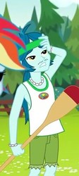 Size: 195x435 | Tagged: safe, screencap, captain planet, equestria girls, g4, my little pony equestria girls: legend of everfree, background human, camp everfree outfits, clothes, hand on head, paddle, shorts