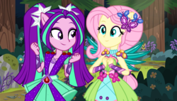 Size: 800x455 | Tagged: safe, artist:3d4d, artist:mixiepie, artist:pink1ejack, aria blaze, fluttershy, equestria girls, g4, my little pony equestria girls: legend of everfree, alternate universe, ariashy, clothes, clothes swap, crystal guardian, crystal wings, female, forest, lesbian, ponied up, shipping