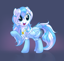 Size: 2892x2748 | Tagged: safe, artist:nightskrill, oc, oc only, oc:starline, earth pony, pegasus, pony, clothes, dress, female, frilly, hair ornament, happy, high res, raised hoof, see-through, solo, stockings, thigh highs, translucent, transparent