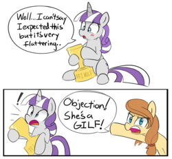 Size: 2230x2057 | Tagged: dead source, safe, artist:lance, twilight velvet, oc, oc:cream heart, earth pony, pony, unicorn, g4, argument in the comments, blushing, comic, dialogue, duo, exclamation point, female, gilf, high res, mare, milf, objection, open mouth, pointing, simple background, sitting, speech bubble, surprised, trophy