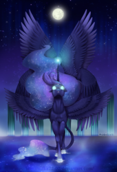 Size: 1216x1792 | Tagged: safe, artist:nifka22-02, princess luna, alicorn, classical unicorn, pony, g4, cloven hooves, female, floppy ears, glowing eyes, horn, leonine tail, magic, mare in the moon, moon, multiple wings, ripple, solo, spread wings, unshorn fetlocks, water