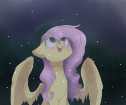 Size: 2400x2000 | Tagged: safe, artist:wacky-skiff, fluttershy, firefly (insect), g4, chest fluff, ear fluff, female, floppy ears, high res, looking at something, looking up, night, open mouth, sitting, smiling, solo, spread wings