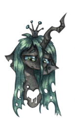 Size: 833x1359 | Tagged: dead source, safe, artist:rinioshi, queen chrysalis, changeling, changeling queen, g4, bust, crying, female, looking down, portrait, sad, simple background, solo, teary eyes, traditional art, transparent background, watercolor painting