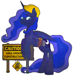 Size: 1280x1338 | Tagged: safe, artist:charrez, princess luna, alicorn, pony, g4, belt, bipedal, bipedal leaning, caution sign, cutie mark, female, hammer, hard hat, hat, leaning, looking at you, rearing, screwdriver, sign, simple background, solo, toolbelt, transparent background, warning sign