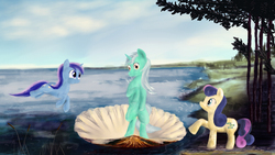 Size: 2000x1125 | Tagged: safe, artist:plotcore, bon bon, lyra heartstrings, minuette, sweetie drops, earth pony, pony, unicorn, g4, fine art parody, the birth of venus, trio