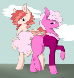 Size: 1902x2010 | Tagged: safe, artist:cyrinthia, oc, oc only, oc:raspberry, oc:rose water, earth pony, pegasus, pony, clothes, male, raised hoof