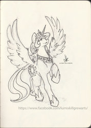 Size: 1024x1438 | Tagged: safe, artist:g-master-artist, princess celestia, alicorn, pony, g4, female, mare, monochrome, raised hoof, solo, spread wings, traditional art