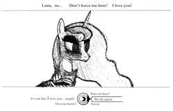 Size: 2000x1276 | Tagged: safe, artist:plotcore, princess luna, g4, dialogue wheel, female, monochrome, solo