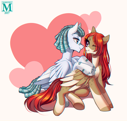 Size: 1098x1040 | Tagged: safe, artist:margony, oc, oc only, pegasus, pony, bandage, commission, cute, female, heart, looking at each other, male, mare, oc x oc, one eye closed, shipping, smiling, stallion, straight