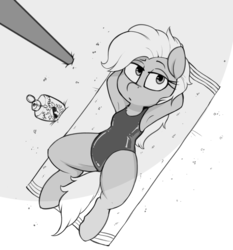 Size: 1204x1292 | Tagged: safe, artist:whydomenhavenipples, grace manewitz, pony, g4, arm behind head, armpits, beach, chest fluff, clothes, female, grace manewitz is an armpit slut, grayscale, lidded eyes, lying down, mare, monochrome, on back, one-piece swimsuit, solo, spread legs, spreading, sunscreen, swimsuit, towel
