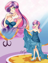 Size: 2152x2786 | Tagged: safe, artist:shinta-girl, sweetie belle, human, g4, breasts, busty sweetie belle, cleavage, clothes, daydream, dress, feet, female, high res, humanized, jewelry, necklace, older, solo