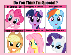 Size: 801x617 | Tagged: safe, applejack, fluttershy, pinkie pie, rainbow dash, rarity, twilight sparkle, g4, 6 pony meme, mane six, meme