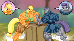Size: 1920x1080 | Tagged: safe, artist:atariboy2600, applejack, maud pie, earth pony, anthro, g4, abs, applejacked, arm wrestling, fetish, maud pump, muscle fetish, muscles, overdeveloped muscles, strength, vein