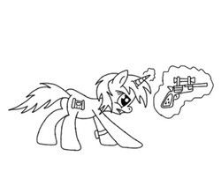 Size: 407x331 | Tagged: safe, artist:pizzamovies, oc, oc only, oc:littlepip, pony, unicorn, fallout equestria, black and white, butt, fanfic, fanfic art, female, glowing horn, grayscale, gun, handgun, hooves, horn, levitation, lineart, little macintosh, magic, mare, monochrome, optical sight, pipbuck, pistol, plot, revolver, simple background, solo, telekinesis, weapon, white background