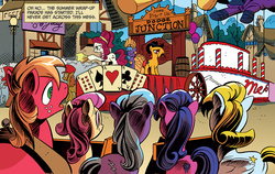 Size: 1040x656 | Tagged: safe, artist:andy price, idw, official comic, big macintosh, cherry jubilee, mare do well, earth pony, pony, g4, spoiler:comic, spoiler:comic10, animal house, back, barrier, butt, collar, crowd, dead man's hand, deathmobile, dodge junction, float, hurdle, male, mane, parade, parade balloon, plot, ponyville, stallion, summer wrap up festival, unnamed character, unnamed pony