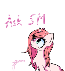 Size: 1270x1400 | Tagged: safe, artist:cysd16, oc, oc only, oc:strawberry milkshake, pony, unicorn, ask oc, ask, blushing, chest fluff, female, green eyes, mare, pink coat, pink mane, simple background, smiling, solo, tumblr, white background