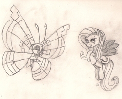 Size: 1765x1432 | Tagged: safe, artist:silversthreads, fluttershy, g4, crossover, daily sketch, duo, pokémon, sketch, traditional art, vivillion