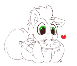 Size: 1280x1095 | Tagged: safe, artist:pabbley, soarin', pegasus, pony, g4, cute, eating, floppy ears, food, heart, male, partial color, pie, simple background, solo, that pony sure does love pies, white background