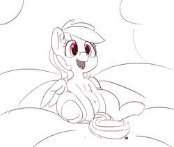 Size: 1280x1081 | Tagged: safe, artist:pabbley, rainbow dash, pony, g4, belly, belly button, cloud, cute, dashabetes, female, monochrome, open mouth, partial color, sitting, smiling, solo