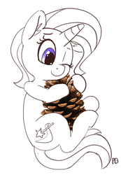 Size: 1280x1852 | Tagged: safe, artist:pabbley, trixie, pony, unicorn, g4, cute, female, hug, mare, monochrome, one eye closed, partial color, pinecone, simple background, sitting, smiling, solo, trixie eating pinecones, white background, wink