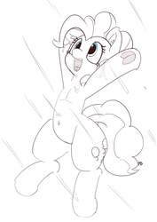 Size: 1280x1811 | Tagged: safe, artist:pabbley, pinkie pie, earth pony, pony, g4, belly button, bipedal, cute, diapinkes, female, monochrome, open mouth, partial color, rain, solo, underhoof, wet