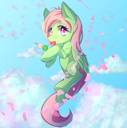 Size: 660x662 | Tagged: safe, artist:kawaiipony2, oc, oc only, oc:spectral wind, pegasus, pony, cloud, commission, cute, eating, female, flower petals, food, mare, sky, solo