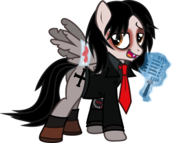 Size: 1177x975 | Tagged: safe, artist:lightningbolt, derpibooru exclusive, part of a set, pegasus, pony, g4, .svg available, armband, bags under eyes, bandage, bandaged wing, blood, broken wing, butt, button, clothes, emo, eyeliner, fangs, floating, gerard way, lidded eyes, looking back, magic, makeup, male, microphone, my chemical romance, necktie, open mouth, partially open wings, plot, ponified, shirt, shoes, show accurate, simple background, smiling, socks, solo, spread wings, stallion, suit, svg, tattered, telekinesis, three cheers for sweet revenge, transparent background, undershirt, vector, wings
