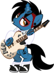 Size: 801x1077 | Tagged: safe, artist:lightningbolt, derpibooru exclusive, part of a set, pony, unicorn, g4, .svg available, armband, bipedal, clothes, dyed mane, ear piercing, emo, eyeshadow, frank iero, gauges, glowing horn, guitar, guitar pick, guitar strap, hoof hold, horn, horn piercing, lip piercing, looking back, magic, makeup, male, musical instrument, my chemical romance, open mouth, piercing, ponified, shirt, shoes, show accurate, simple background, sneakers, socks, solo, stallion, svg, tattoo, three cheers for sweet revenge, transparent background, undercut, vector