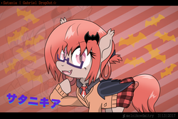 Size: 2160x1440 | Tagged: safe, artist:batponyoc, artist:melnikovdmitry, bat, bat pony, pony, anime, clothes, female, gabriel dropout, glasses, looking at you, mare, necktie, open mouth, open smile, ponified, satania, shirt, skirt, smiling, solo, zoom layer