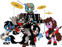 Size: 2740x2091 | Tagged: safe, artist:lightningbolt, derpibooru exclusive, part of a set, earth pony, pegasus, pony, unicorn, g4, .svg available, angry, annoyed, armband, bags under eyes, band, bandage, bandaged wing, bass guitar, bench, bipedal, blood, bob bryar, broken wing, butt, button, clothes, drums, drumsticks, dyed mane, ear piercing, emo, eyeliner, eyes on the prize, eyeshadow, facial hair, fangs, floating, flying, frank iero, frown, gauges, gerard way, glasses, glowing horn, group, guitar, guitar pick, guitar strap, high res, hood, horn, horn piercing, implied shipping, jacket, lip piercing, looking at each other, looking back, looking down, magic, makeup, male, microphone, mikey way, musical instrument, my chemical romance, necktie, open mouth, piercing, plot, ponified, ray toro, scarf, shirt, shoes, show accurate, simple background, smiling, socks, spread wings, stallion, suit, svg, tattered, tattoo, three cheers for sweet revenge, transparent background, undercut, undershirt, vector, wings, wristband