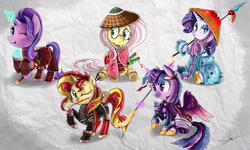 Size: 5000x3000 | Tagged: safe, artist:shogundun, fluttershy, rarity, starlight glimmer, sunset shimmer, twilight sparkle, alicorn, pony, g4, badass, clothes, cute, flutterbadass, high res, magic, one eye closed, raised hoof, samurai, signature, twilight sparkle (alicorn), wink