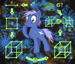 Size: 3500x3000 | Tagged: safe, artist:taterbiscit, oc, oc only, oc:quasar, earth pony, pony, bed hair, chest fluff, dimensional, extradimensional, female, fractal background, high res, math, paintdotnet, physics, quasar, science, solo, spacetime, tesseract, thinking