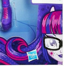 Size: 243x250 | Tagged: safe, screencap, sci-twi, twilight sparkle, equestria girls, g4, my little pony equestria girls: friendship games, box, doll, female, glasses, hasbro logo, lipstick, looking at you, ponied up, smiling, solo, toy