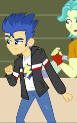 Size: 400x640 | Tagged: safe, screencap, brawly beats, flash sentry, equestria girls, g4, rainbow rocks, clothes, fingerless gloves, gloves, jacket, pants, punch (drink), punch bowl, table