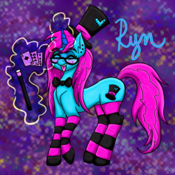 Size: 900x900 | Tagged: safe, artist:katkathasahathat, oc, oc only, oc:ryn, demon, pony, unicorn, clothes, cosplay, costume, magician outfit, socks, solo, striped socks, thigh highs