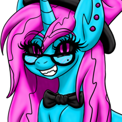 Size: 1000x1000 | Tagged: safe, artist:katkathasahathat, oc, oc only, oc:ryn, demon, pony, unicorn, bowtie, clothes, cosplay, costume, hat, magician, solo