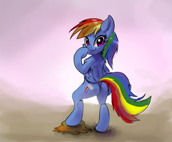Size: 1618x1341 | Tagged: safe, artist:xbi, rainbow dash, pony, semi-anthro, g4, bipedal, butt, chest fluff, dock, female, looking at you, plot, smiling, solo