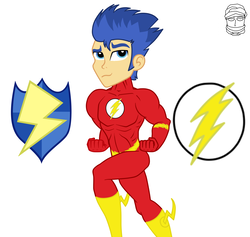 Size: 1900x1800 | Tagged: dead source, safe, artist:mashoart, flash sentry, equestria girls, g4, crossover, dc comics, male, outfit, pun, solo, superhero, the flash, visual pun