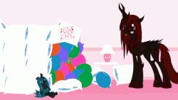 Size: 600x338 | Tagged: safe, artist:mixermike622, queen chrysalis, oc, oc:fluffle puff, oc:marksaline, changeling, g4, animated, balloon, canon x oc, charred, chrysalis plushie, couch, explosion, female, fun cave, gif, house, imminent boop, lesbian, plushie, poster, sharp teeth, ship:chrysipuff, shipping, static electricity, static shock, teeth, weapons-grade boop