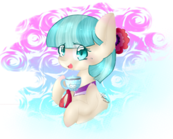 Size: 1063x856 | Tagged: safe, artist:party-pieyt, coco pommel, g4, abstract background, chocolate, cocobetes, cute, female, food, hoof hold, hot chocolate, solo