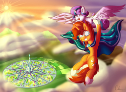 Size: 2031x1476 | Tagged: safe, artist:calena, princess flurry heart, sunburst, alicorn, pony, unicorn, g4, the crystalling, cape, clothes, cloud, cloudy, crystal empire, female, filly, flying, happy, holding, holding a pony, laughing, male, shiny, sky, stallion, sun, uncle sunburst, worried