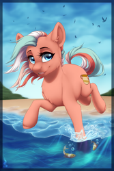 Size: 800x1200 | Tagged: safe, artist:silentwulv, oc, oc only, oc:classic copper, earth pony, fish, pony, beach, female, mare, ocean, running, solo, water