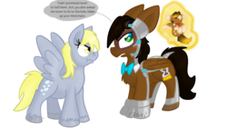 Size: 1024x576 | Tagged: safe, artist:usagi-zakura, derpy hooves, oc, oc:mister clever, pegasus, pony, g4, chibi angel doctor, doctor who, eleventh doctor, female, male, mare, simple background, stallion, transparent background