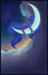 Size: 3750x5850 | Tagged: safe, artist:ardail, princess luna, alicorn, pony, absurd resolution, cloud, color porn, crescent moon, ear fluff, eyes closed, eyeshadow, female, galaxy mane, makeup, mare, moon, night, ponytail, prone, sleeping, smiling, solo, stars, tangible heavenly object, transparent moon, twilight (astronomy)