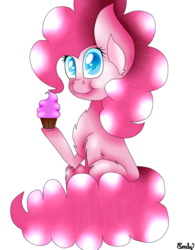 Size: 937x1200 | Tagged: safe, artist:kawurin, pinkie pie, pony, g4, colored pupils, cupcake, female, food, simple background, sitting, solo, transparent background