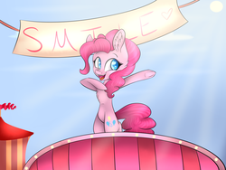 Size: 4000x3000 | Tagged: safe, artist:siilentrain, pinkie pie, earth pony, pony, g4, aside glance, banner, bipedal, chest fluff, colored pupils, crepuscular rays, cute, dab, diapinkes, ear fluff, female, heart, looking back, mare, open mouth, sign, smiling, solo, underhoof