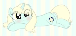 Size: 600x289 | Tagged: safe, artist:lemonspark, oc, oc only, pony, unicorn, blushing, crossed legs, cute, female, looking at you, lying, smiling, solo